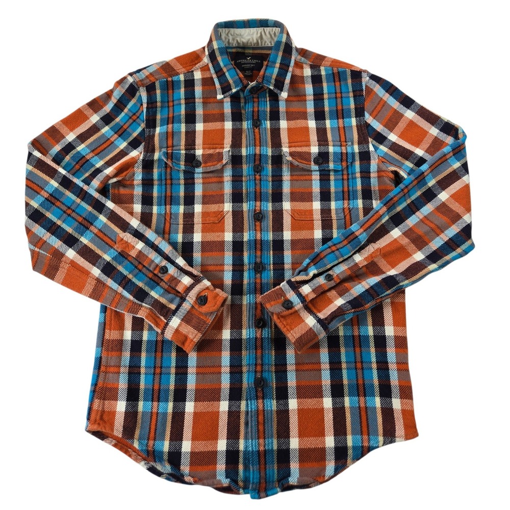 American Eagle Mens XS Seriously Soft Flannel Shirt Orange Blue Plaid Button Up